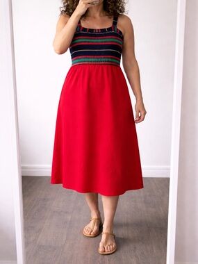 Vintage Sasson 80s Coastal Summer Red Midi Sundress Striped Bodice S/M